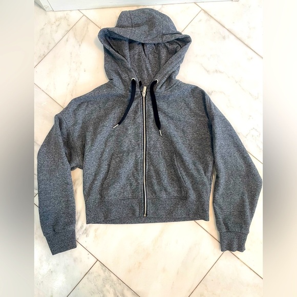 Calvin Klein, Small, women cropped gray hoodie with drawstrings zip up soft EUC - Picture 1 of 6